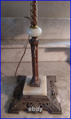 Antique Bridge Arm Marble Base Slag Ball Accent Table Lamp Art Glass Shade