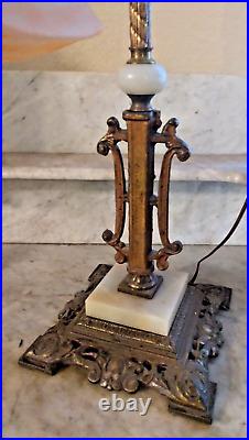 Antique Bridge Arm Marble Base Slag Ball Accent Table Lamp Art Glass Shade