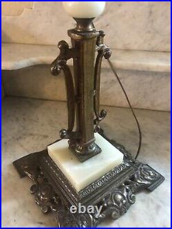 Antique Bridge Arm Table Lamp Arts & Crafts Bent Slag Glass Shade Dutch Windmill