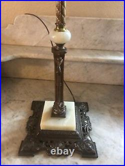 Antique Bridge Arm Table Lamp Arts & Crafts Bent Slag Glass Shade Dutch Windmill