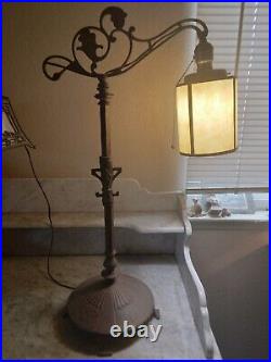 Antique Bridge Arm Table Lamp Cream Beige Round Barrel Slag Glass Shade