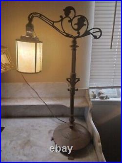 Antique Bridge Arm Table Lamp Cream Beige Round Barrel Slag Glass Shade