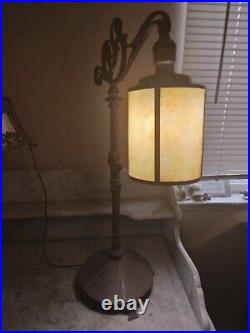 Antique Bridge Arm Table Lamp Cream Beige Round Barrel Slag Glass Shade