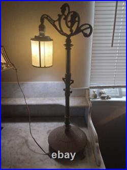 Antique Bridge Arm Table Lamp Cream Beige Round Barrel Slag Glass Shade