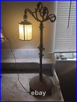 Antique Bridge Arm Table Lamp Cream Beige Round Barrel Slag Glass Shade