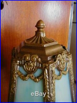 Antique Bronze 6 Panel Blue Slag Glass Table Lampsigned Harrison