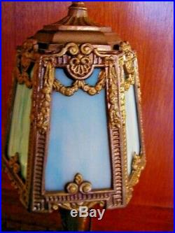 Antique Bronze 6 Panel Blue Slag Glass Table Lampsigned Harrison