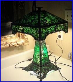 Antique Bronze Arts & Crafts Era Mission Slag Glass Grapevine Lamp PICKUP ONLY