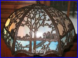 Antique Bronze Blue/Cream Slag Glass Ornate Shade Table Accent Lamp Refurbish