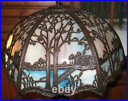 Antique Bronze Blue/Cream Slag Glass Ornate Shade Table Accent Lamp Refurbish