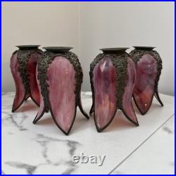 Antique Bronze Ormolu Slag Floriform Lamp Shades Roses And Ribbons Cranberry