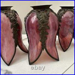 Antique Bronze Ormolu Slag Floriform Lamp Shades Roses And Ribbons Cranberry