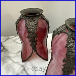 Antique Bronze Ormolu Slag Floriform Lamp Shades Roses And Ribbons Cranberry