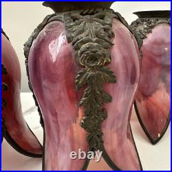 Antique Bronze Ormolu Slag Floriform Lamp Shades Roses And Ribbons Cranberry