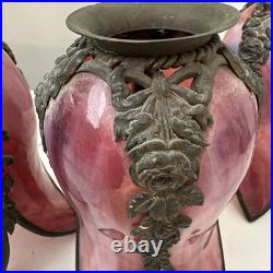 Antique Bronze Ormolu Slag Floriform Lamp Shades Roses And Ribbons Cranberry