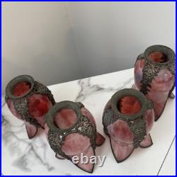 Antique Bronze Ormolu Slag Floriform Lamp Shades Roses And Ribbons Cranberry