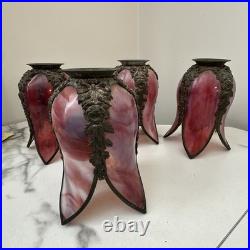 Antique Bronze Ormolu Slag Floriform Lamp Shades Roses And Ribbons Cranberry