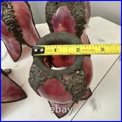 Antique Bronze Ormolu Slag Floriform Lamp Shades Roses And Ribbons Cranberry