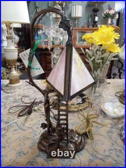 Antique Bronze Statue Table Lamp Slag Glass Shade Rewired By The Lampman