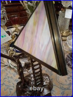 Antique Bronze Statue Table Lamp Slag Glass Shade Rewired By The Lampman