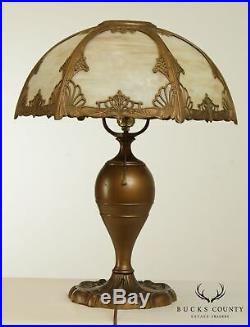 Antique Butterscotch Slag Glass Shade and Bronze Colored Table Lamp