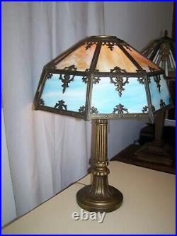 Antique CARAMEL & BLUE SLAG GLASS 8 PANELED TABLE LAMP Signed