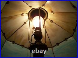 Antique CARAMEL & BLUE SLAG GLASS 8 PANELED TABLE LAMP Signed