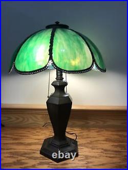 Antique CLASSIQUE Signed Green Bent Slag Glass Table Lamp 1920s Handel Era