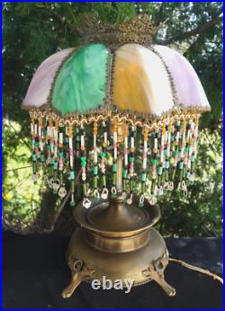 Antique C 1910 Art Nouveau Slag Glass Lamp Arts & Crafts RARE COLORS READ