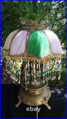 Antique C 1910 Art Nouveau Slag Glass Lamp Arts & Crafts RARE COLORS READ