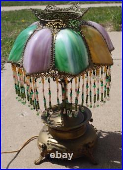 Antique C 1910 Art Nouveau Slag Glass Lamp Arts & Crafts RARE COLORS READ