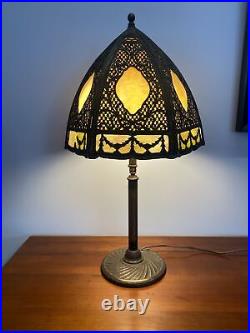 Antique C. 1910 Gothic Revival Slag Glass Lamp 6 Panels WithAmazing Metal Work