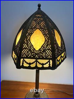 Antique C. 1910 Gothic Revival Slag Glass Lamp 6 Panels WithAmazing Metal Work