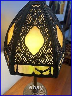 Antique C. 1910 Gothic Revival Slag Glass Lamp 6 Panels WithAmazing Metal Work