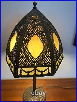 Antique C. 1910 Gothic Revival Slag Glass Lamp 6 Panels WithAmazing Metal Work