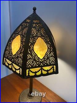 Antique C. 1910 Gothic Revival Slag Glass Lamp 6 Panels WithAmazing Metal Work