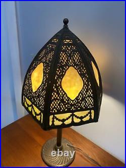 Antique C. 1910 Gothic Revival Slag Glass Lamp 6 Panels WithAmazing Metal Work