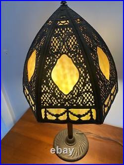 Antique C. 1910 Gothic Revival Slag Glass Lamp 6 Panels WithAmazing Metal Work