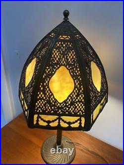 Antique C. 1910 Gothic Revival Slag Glass Lamp 6 Panels WithAmazing Metal Work