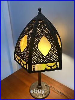 Antique C. 1910 Gothic Revival Slag Glass Lamp 6 Panels WithAmazing Metal Work