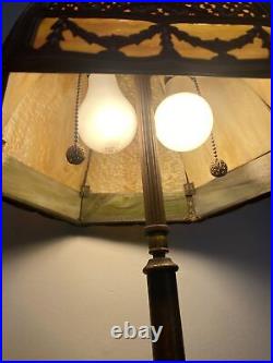 Antique C. 1910 Gothic Revival Slag Glass Lamp 6 Panels WithAmazing Metal Work