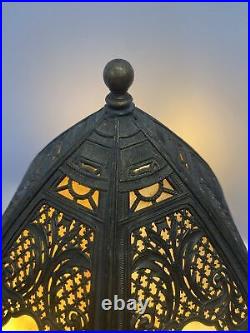 Antique C. 1910 Gothic Revival Slag Glass Lamp 6 Panels WithAmazing Metal Work