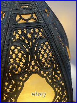 Antique C. 1910 Gothic Revival Slag Glass Lamp 6 Panels WithAmazing Metal Work