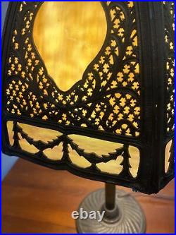 Antique C. 1910 Gothic Revival Slag Glass Lamp 6 Panels WithAmazing Metal Work