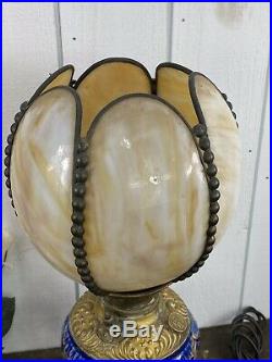 Antique C. T. Victorian P&g Oil Lamp With 6 Petal Stained Slag Glass Tulip Shade