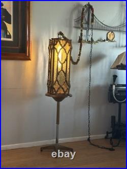Antique Caged Slag Stained Glass Pendant Lamp Gothic Spanish Revival