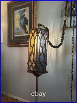 Antique Caged Slag Stained Glass Pendant Lamp Gothic Spanish Revival