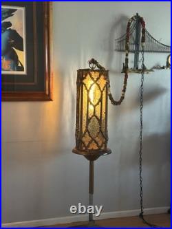 Antique Caged Slag Stained Glass Pendant Lamp Gothic Spanish Revival