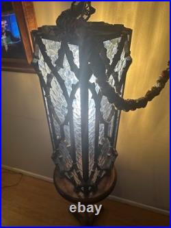 Antique Caged Slag Stained Glass Pendant Lamp Gothic Spanish Revival