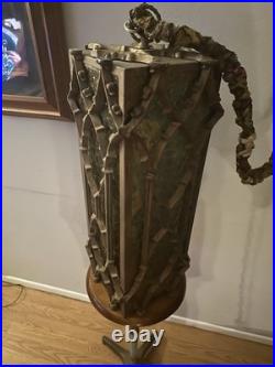 Antique Caged Slag Stained Glass Pendant Lamp Gothic Spanish Revival